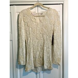Vintage NWTs Ivory Beaded Lace Party Blouse Top Long Sleeve Size S